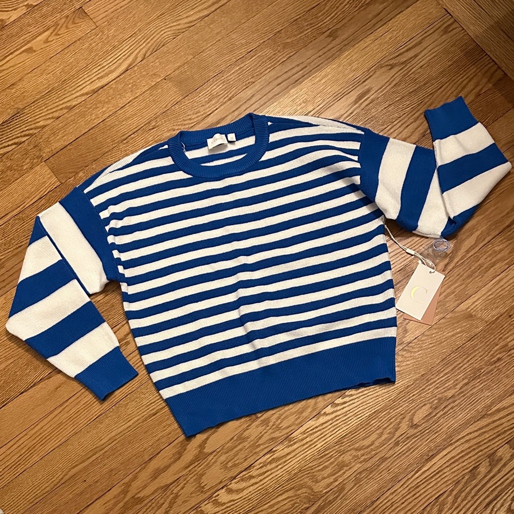 Cyrus Blue and White Striped Crewneck Sweater